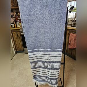 Blue & White Striped Fabric Shower Curtain 64" L x 68" W Fringed Hem Coastal EUC